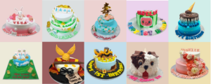 a photo collage showcasing ten different custom birthday cake designs for various ages and themes