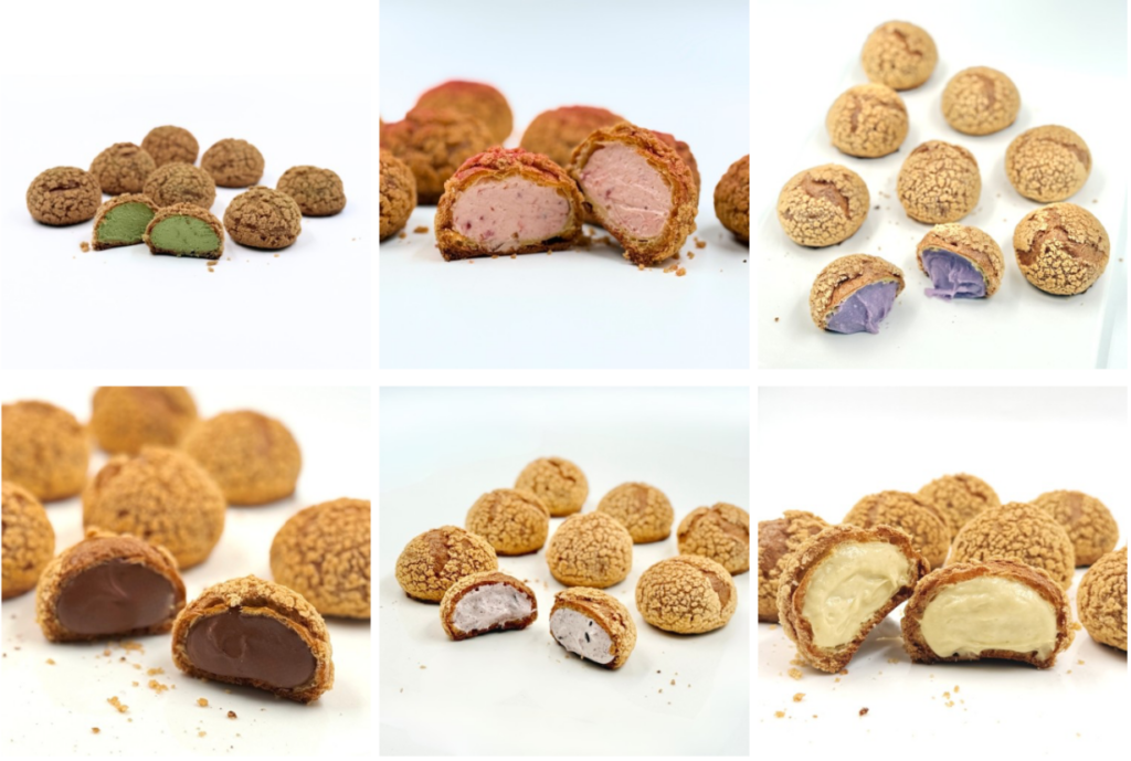 A photo collage showing six variations of choux puffs cut in half, revealing colorful cream fillings including matcha, strawberry, purple taro, chocolate, cookies and cream, and vanilla custard.